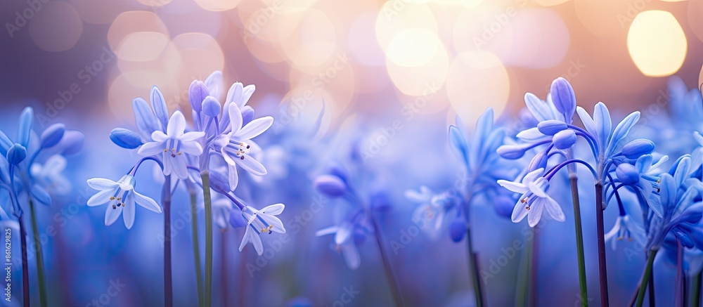 Poster selective focus on a blooming siberian squill (scilla siberica) with a shallow depth of field. the i