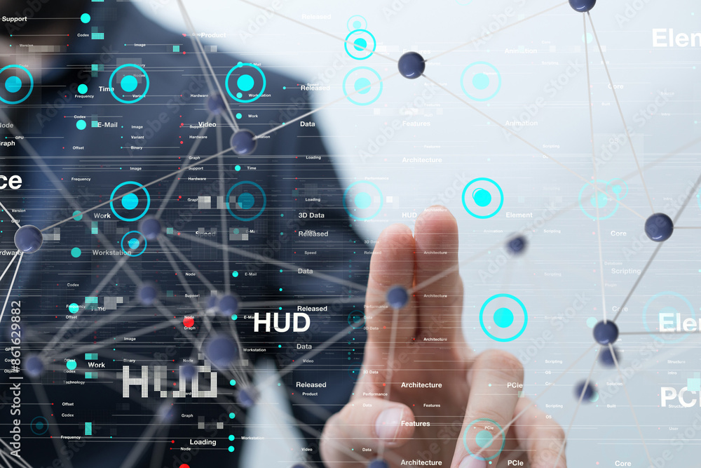 Poster Neural network 3D illustration. Big data and cybersecurity