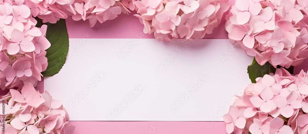 Poster pink paper note surrounded by gorgeous hydrangea flowers with copy space image.