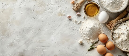A light stone table with various baking ingredients like flour, sugar, and eggs, viewed from above, providing space for additional text or images.