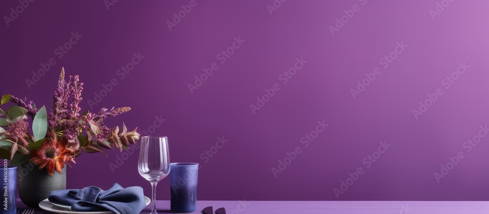 Poster minimalistic table arrangement on a vibrant purple backdrop with copy space image.