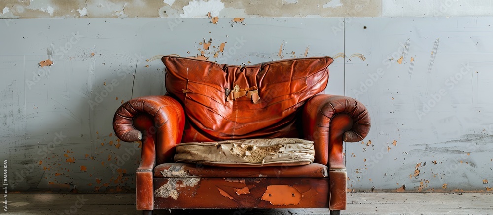 Poster Old sofa leather broken cushion lack and missing defective. old chair. with copy space image. Place for adding text or design