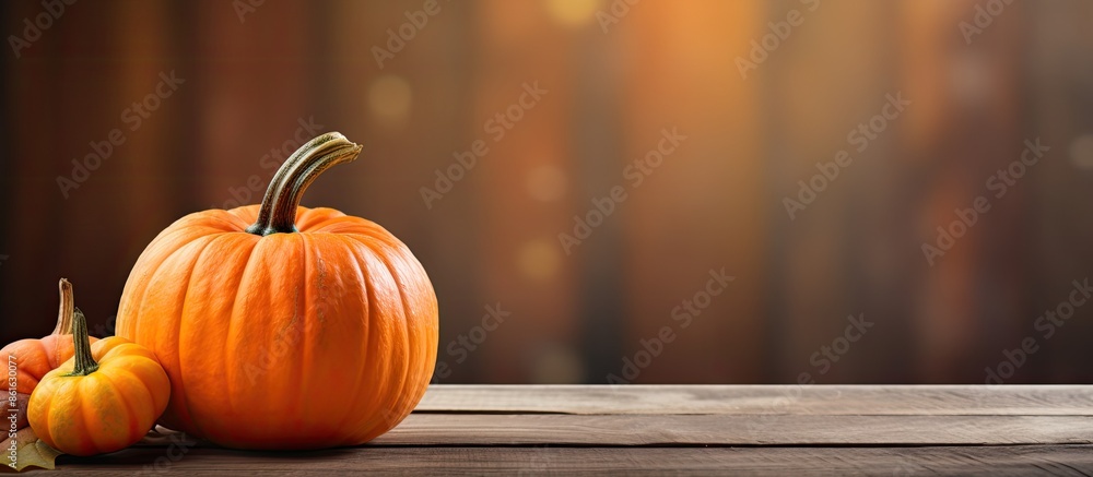 Poster close-up of a halloween pumpkin with copy space on a rustic wooden surface, conveying a thanksgiving