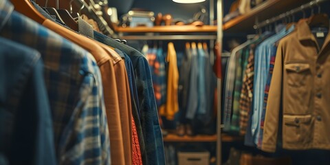 Obraz premium Clothes displayed on a rack in a dressing room. Concept Retail Display, Clothing Rack, Dressing Room Inspiration