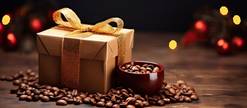 Coffee in a festive package with coffee beans - a delightful Christmas gift with copy space image.