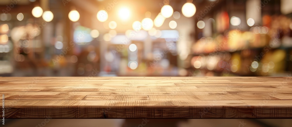 Poster brown wooden counter on a blurred bokeh light background, ideal for food retail displays or product 