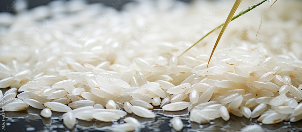Poster Rice seed with water droplets on a textured background with copy space image.