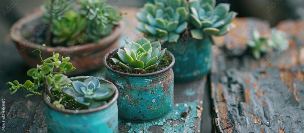 Poster succulents in rustic used jars and tins, Eco and reuse concept. with copy space image. Place for adding text or design