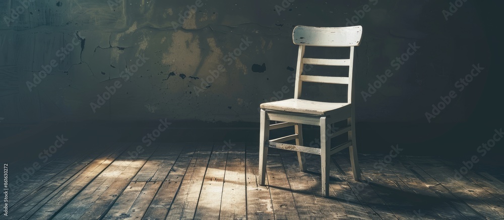 Poster low key white wooden chair on wooden floor retro dark tone . with copy space image. place for adding