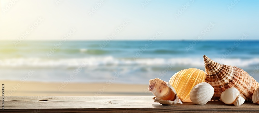 Aufkleber Seashells on rustic wooden planks with a beach setting in the background, ideal for adding text with copy space image.