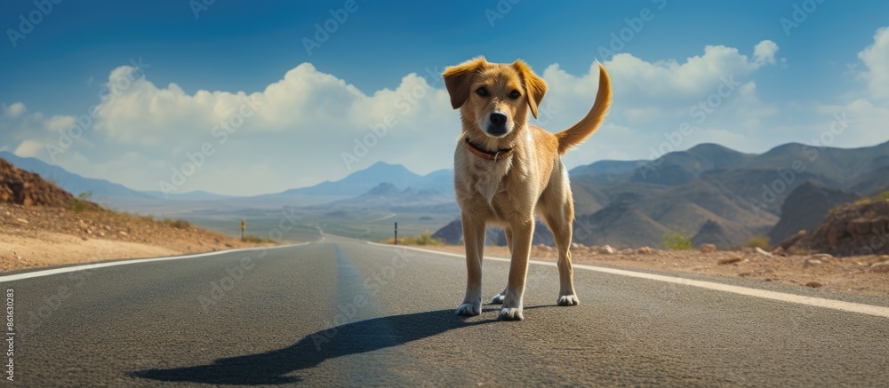 Poster dog with leash walking on center of road with copy space image.