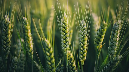 Close-up of green wheat spikes in a field, showcasing grain details and lush greenery. Perfect for agricultural and nature themes.