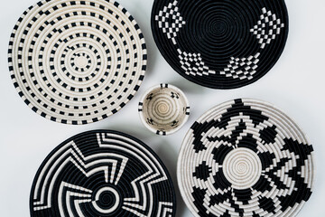 bohemian style baskets, top-down shot, black and white, baskets, African, Vietnamese
