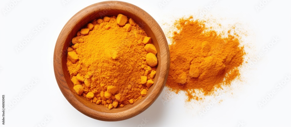 Poster top view of turmeric powder in a wooden bowl and turmeric root isolated on a white background with c