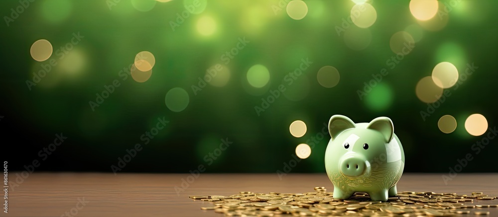 Poster green bokeh background with a piggy bank filled with coins, ideal for a banner, starring a copy spac