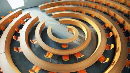 Classroom with desks arranged in a spiral pattern