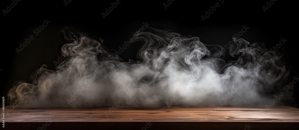 Aufkleber wooden table with smoke on dark background, used as a studio display for products with copy space im