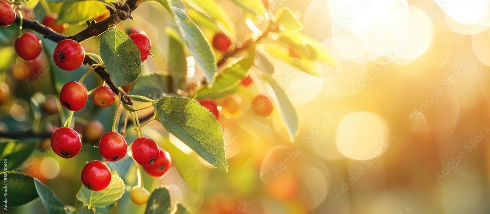 Poster red berry on tree with copy space image.