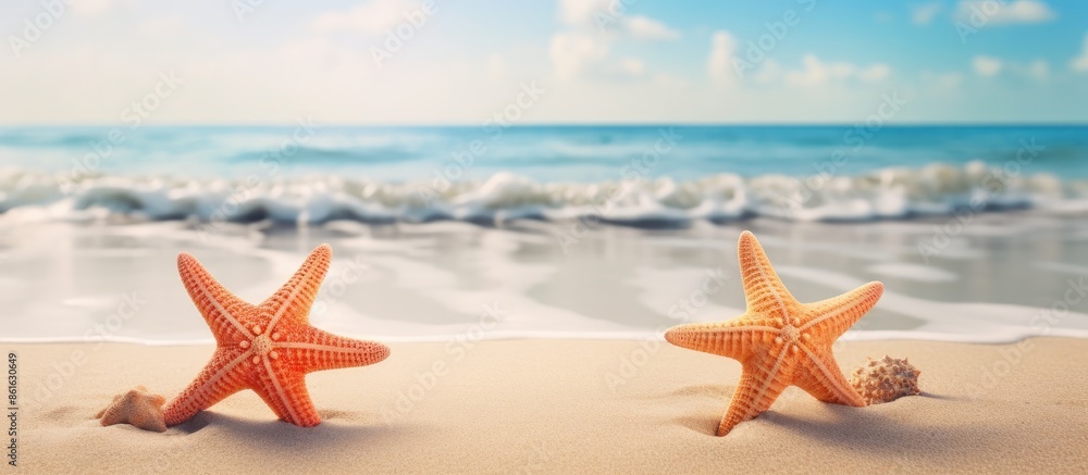 Poster two starfish on a sandy beach background with copy space image.