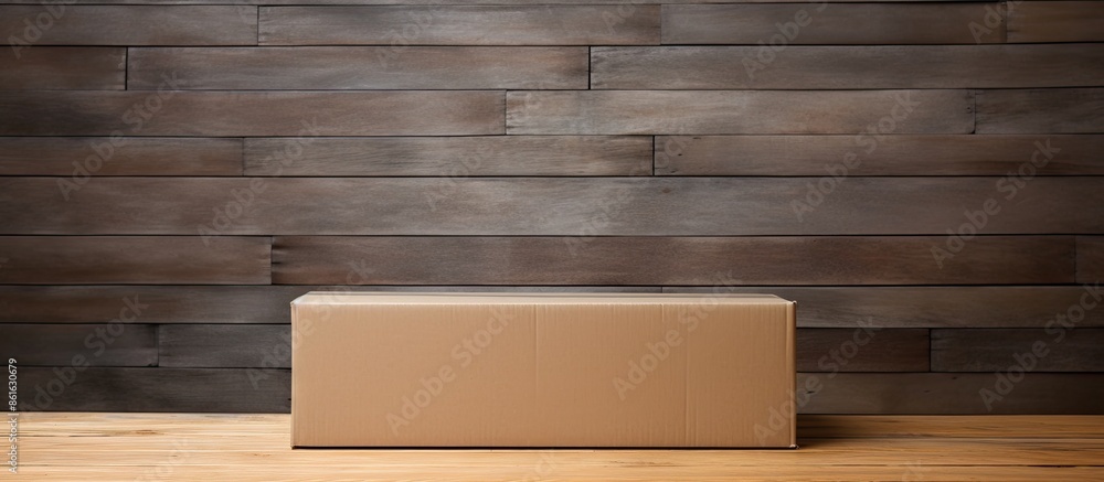 Poster cardboard box placed on a wooden table with copy space image available.