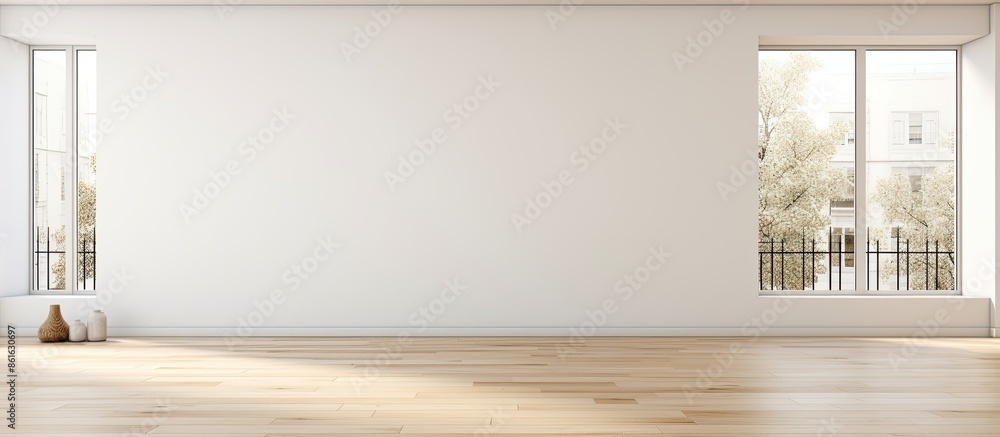 Poster modern apartment with white walls features a roomy, vacant area boasting a parquet floor and a glass