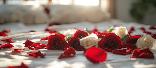 low key vintage style in natural lighting and shadow of blur white, red roses and rose petals on bed decorated for special period. Romantic set up for Valentine Day,Honeymoon,Wedding Anniversary