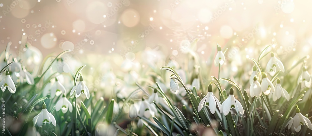 Aufkleber Delicate snowdrops in soft light showcase the first spring flowers, set against a background with ample copy space for text or lettering.