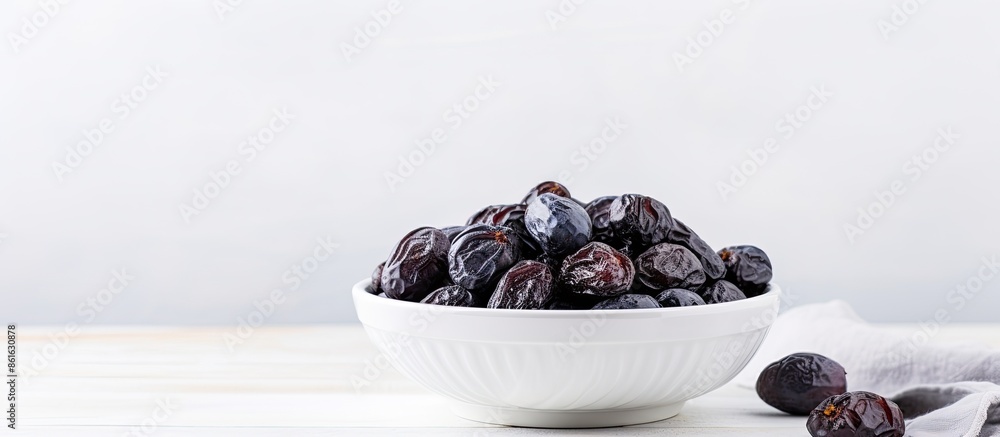 Poster A bowl of delicious prunes displayed on a clean white table with abundant empty space around them for a beautiful photograph, ideal for a copy space image.