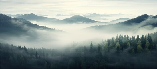 Fototapeta premium Scenic misty woodland in the mountainous landscape with a captivating morning ambiance, with space for text or graphics in the photo. with copy space image. Place for adding text or design