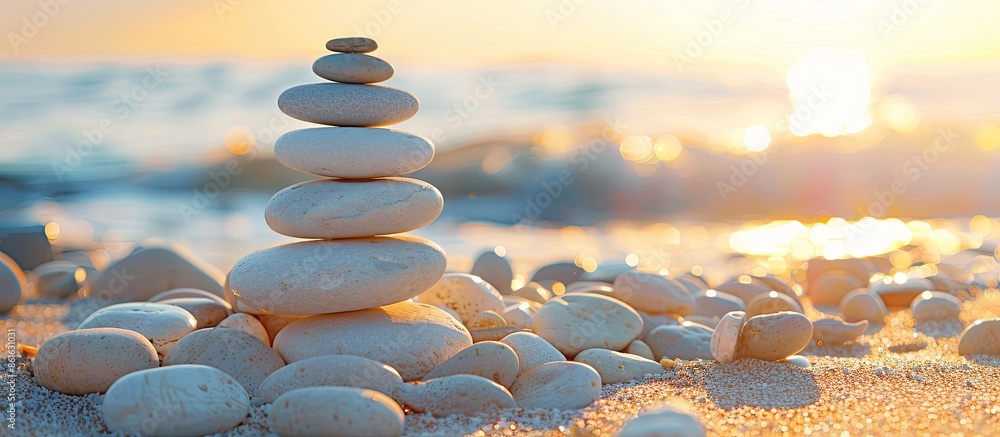 Aufkleber zen concept. the object of the stones on the beach at sunset. harmony & meditation. zen stones. copy