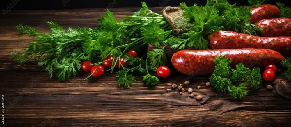 Poster savory smoked sausage with green vegetables and fresh tomatoes displayed on a wooden surface with co
