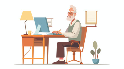 Senior Man Use Computer at Home Interior. Aged Male 