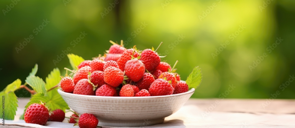 Poster fresh wild strawberry resting in a plate on a rustic wooden table outside, with ample copy space ima