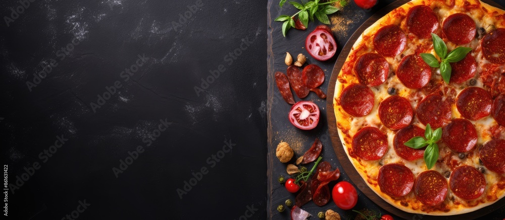 Aufkleber top view of a delicious pepperoni pizza with fresh ingredients on a dark concrete surface, perfectly