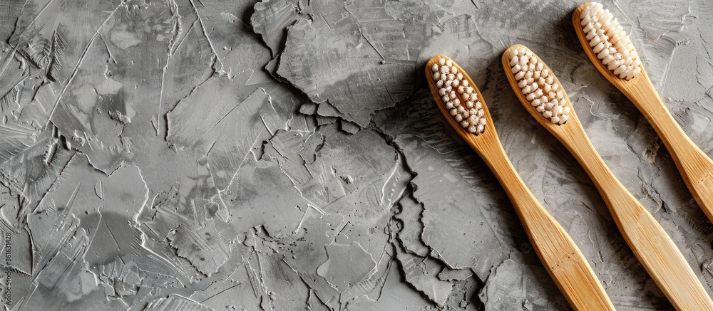 Aufkleber biodegradable wooden toothbrushes made from eco-friendly bamboo, displayed on a gray stone backgroun