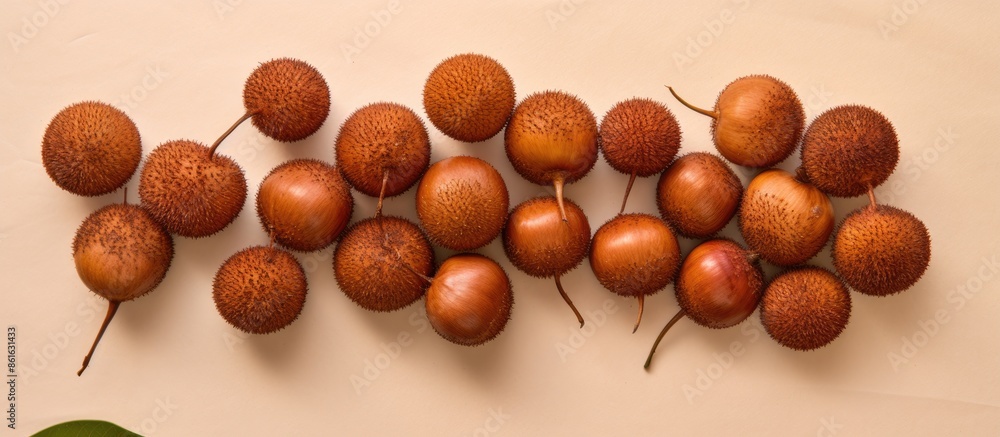Aufkleber top-down view of fresh salak fruits on a beige backdrop with space for text, set up to capture an im