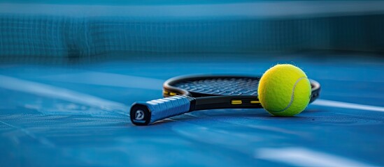Sport court with a blue background features a pickleball tennis racket and ball, providing a copy space image.