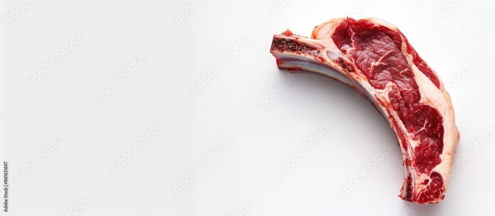 Poster a piece of raw meat with bone on a plain white background provides ample copy space for text or grap
