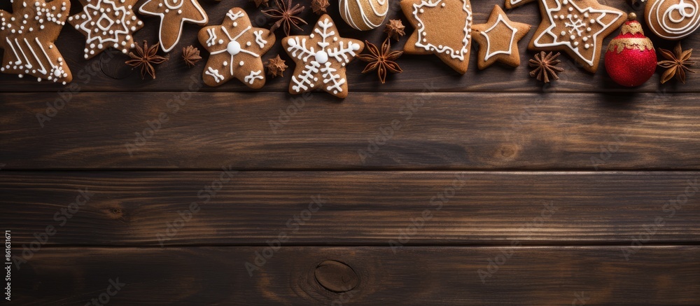 Aufkleber christmas gingerbread adorned with chocolate and sprinkles on a wooden backdrop with copy space for 