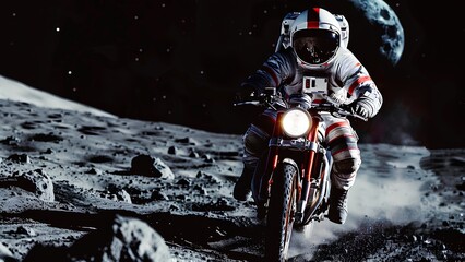 astronaut riding a motorbike on the moon