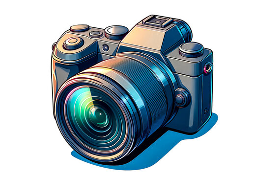 Vector illustration of a digital camera with zoom lens on white background.
