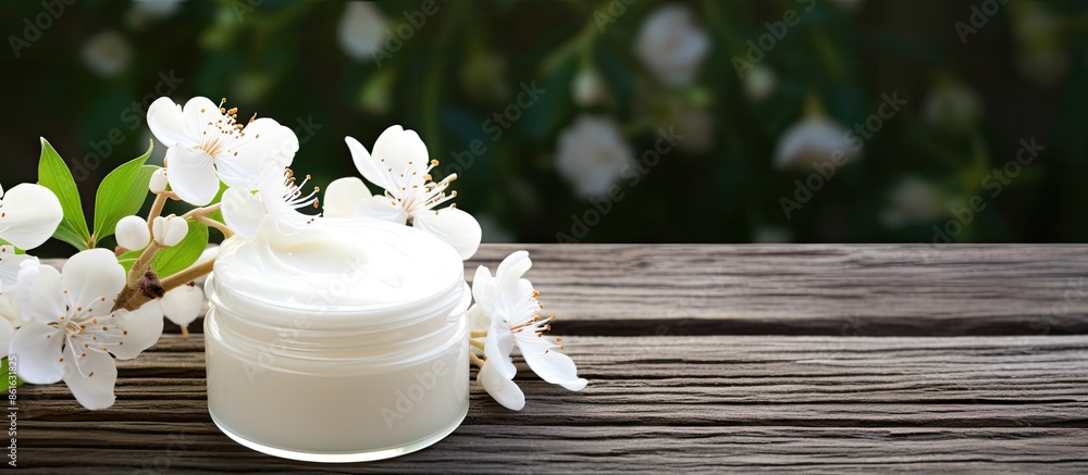 Aufkleber attractive cosmetic cream placed on a bright wooden table with white flowers, creating a visually ap