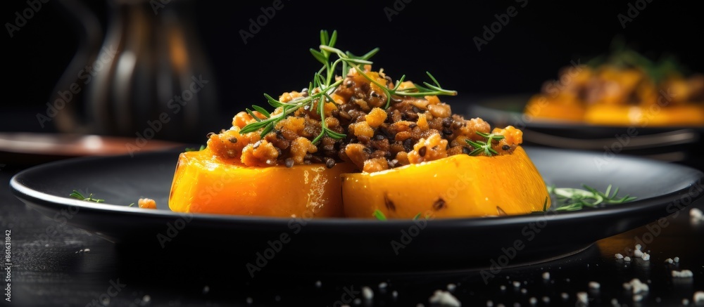 Poster a seasonal autumn dish features pumpkin topped with thyme-garlic minced meat on a black plate, with 
