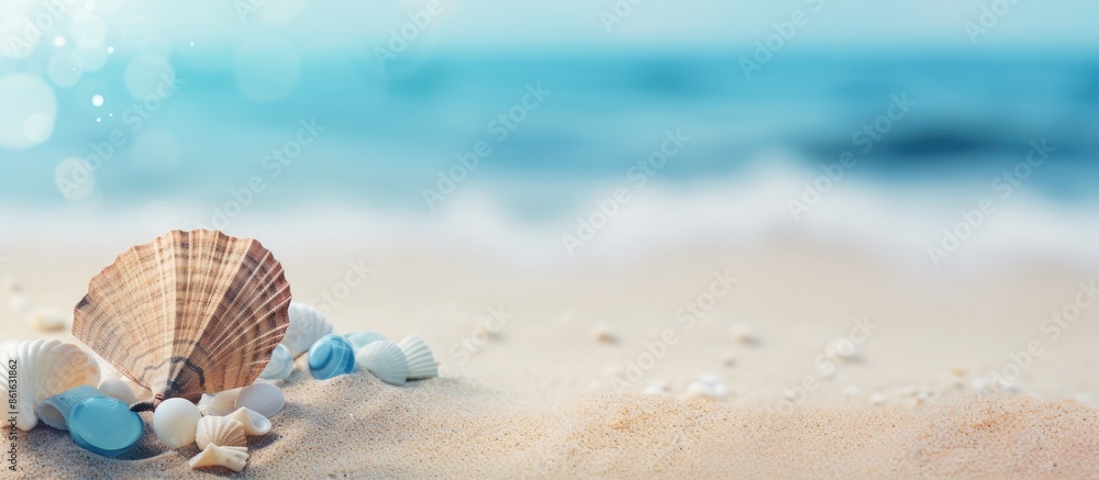 Aufkleber summer beach background with sea shells and butterfly on sand, creating a picturesque scene with cop