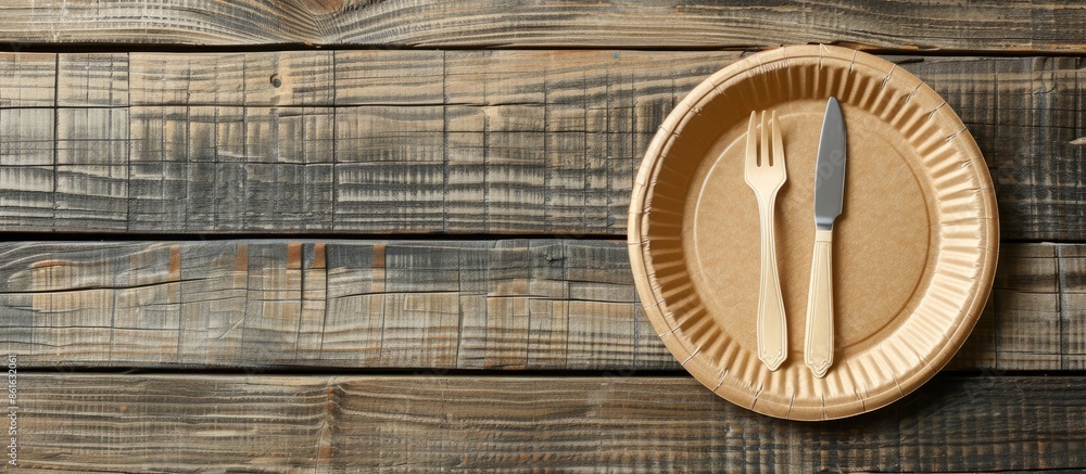 Poster Empty brown paper plate and fork with knife on a wooden table. View from above. Eco-friendly disposable tableware. copyspace. Copy space image. Place for adding text or design
