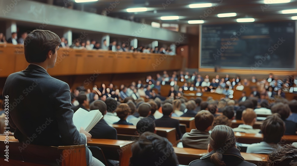 Poster retro university lecture hall with professor and students attending a lesson