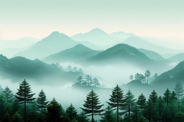 Fototapeta premium Minimalist wallpaper, minimalistic misty forest, serene and mysterious atmosphere, natural style, simple, light background,