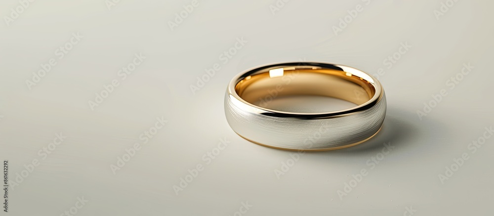 Poster a plain silver and gold wedding band for men displayed on a white studio background with copy space 
