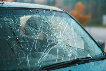Obraz premium A car with severe broken windshield.