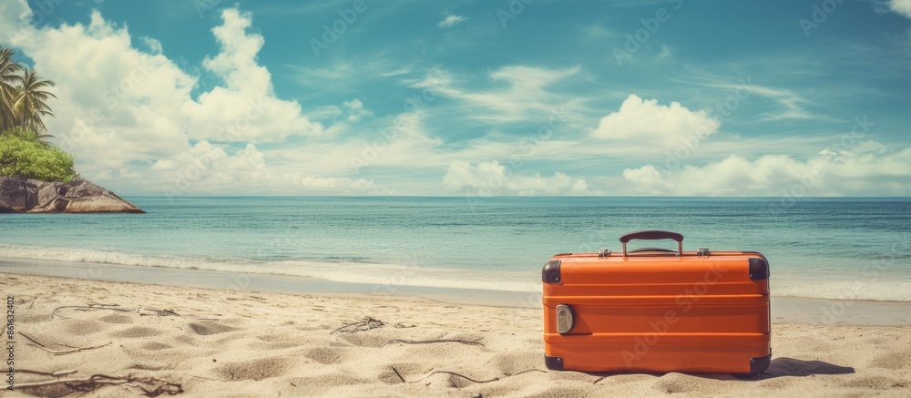 Aufkleber scenic beach vista with a suitcase on the shore in a copy space image.